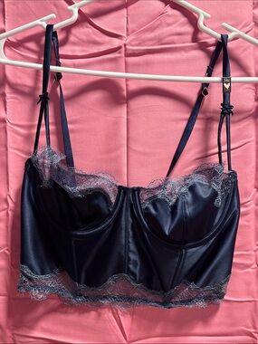 Victoria's Secret Navy Blue Satin Longline Lace Trim Bra